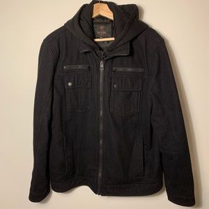 GUESS Solid Black Wool Blend Jacket Coat With Hood